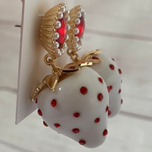 Betsey Johnson White Strawberry Earrings with Red Jewels and Faux Pearls - Picture 11 of 11